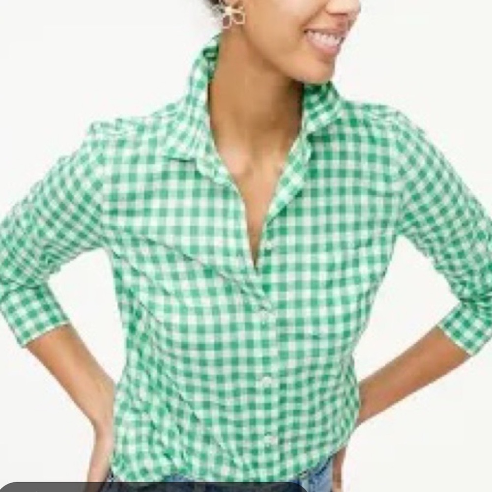 J. Crew Green and White Gingham Button-Down Shirt